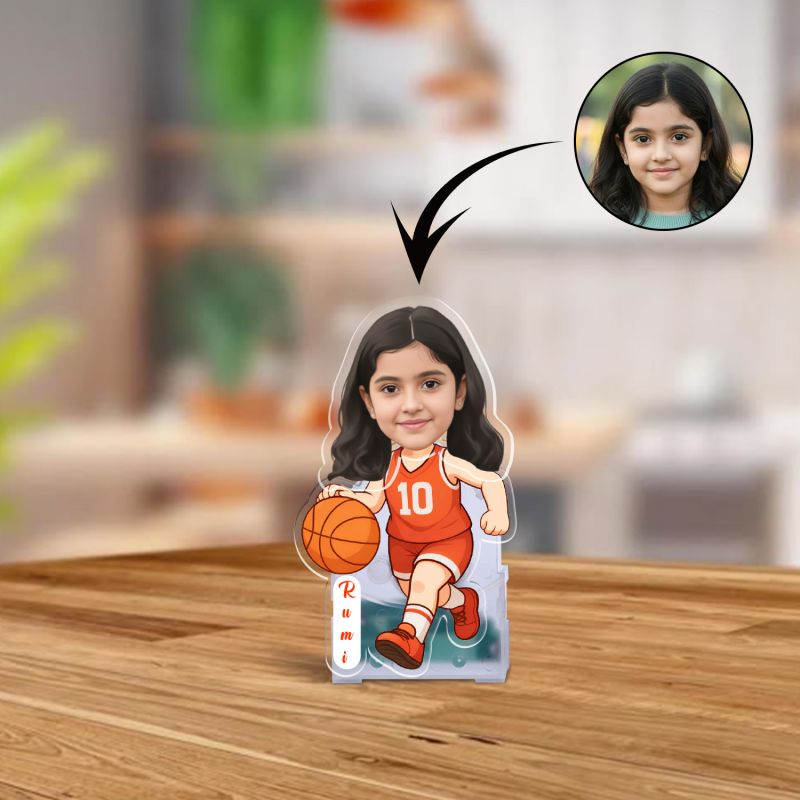 Personalized Basketball Girl Bobblehead Caricature with Battery Powered Shaking Head Feature | Unique Sports Theme Desk Decor & Gift for Basketball Players & CoachesPersonalized Basketball Girl Bobblehead Caricature with Battery Powered Shaking Head 